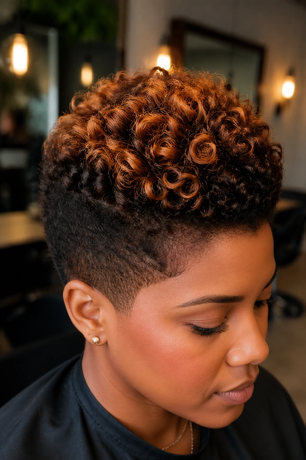 Portrait of a person with copper highlights on a short cut.
