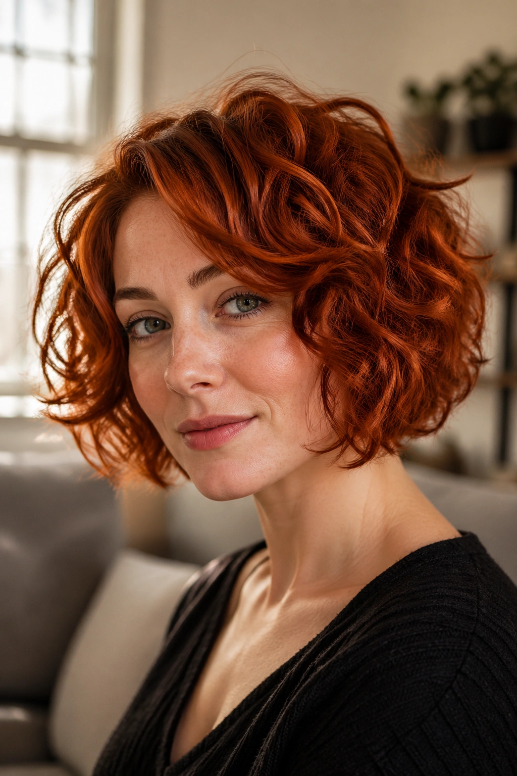 Close-up portrait of a real woman with a copper red curly bob featuring soft layers