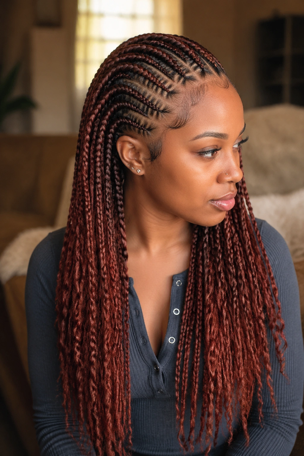 Portrait of a real person with copper-red stitch feed-in length cornrows