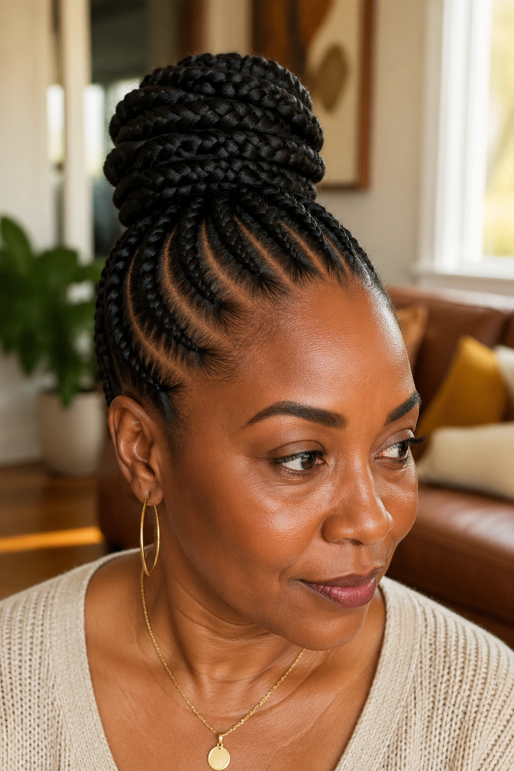 Close-up of cornrows leading to a high bun on a real woman