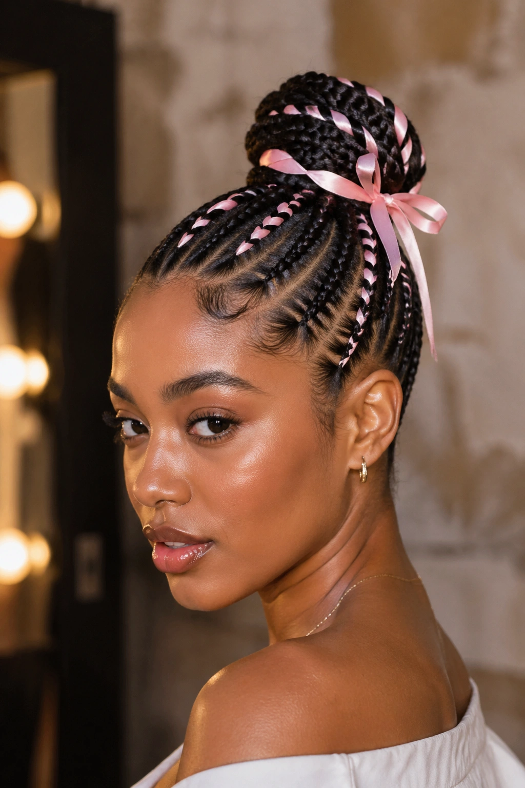 Real woman with cornrow bun threaded by a contrasting satin ribbon.