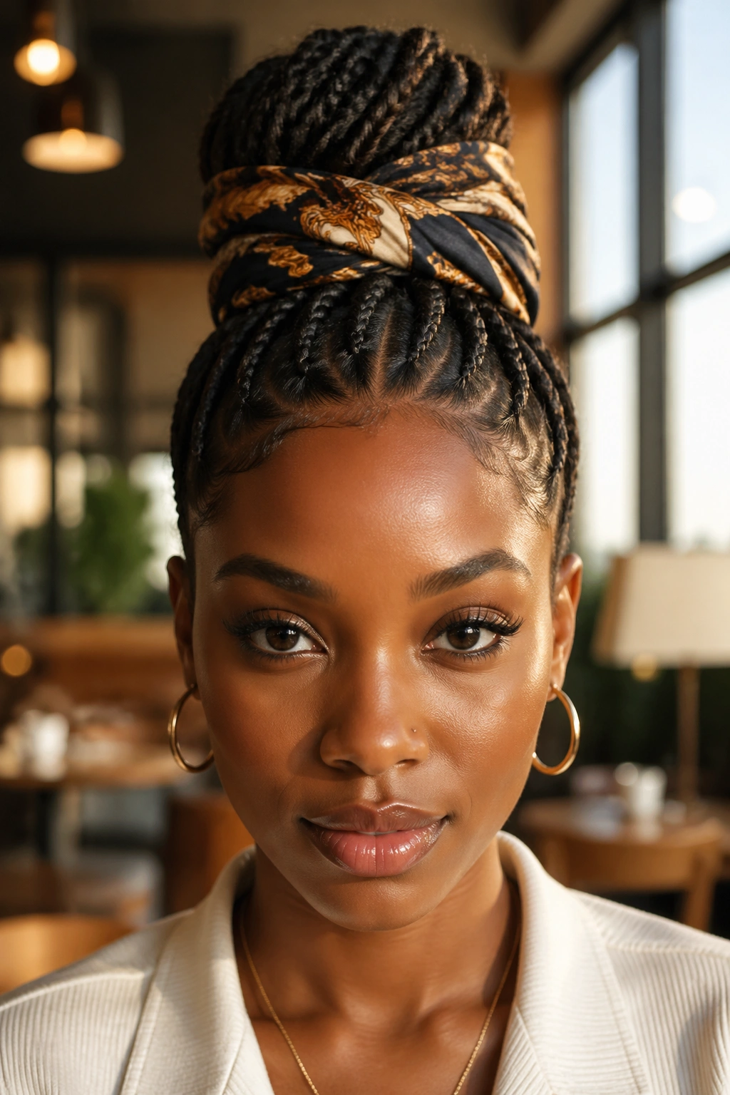 Cornrow bun wrapped with a scarf on a real person