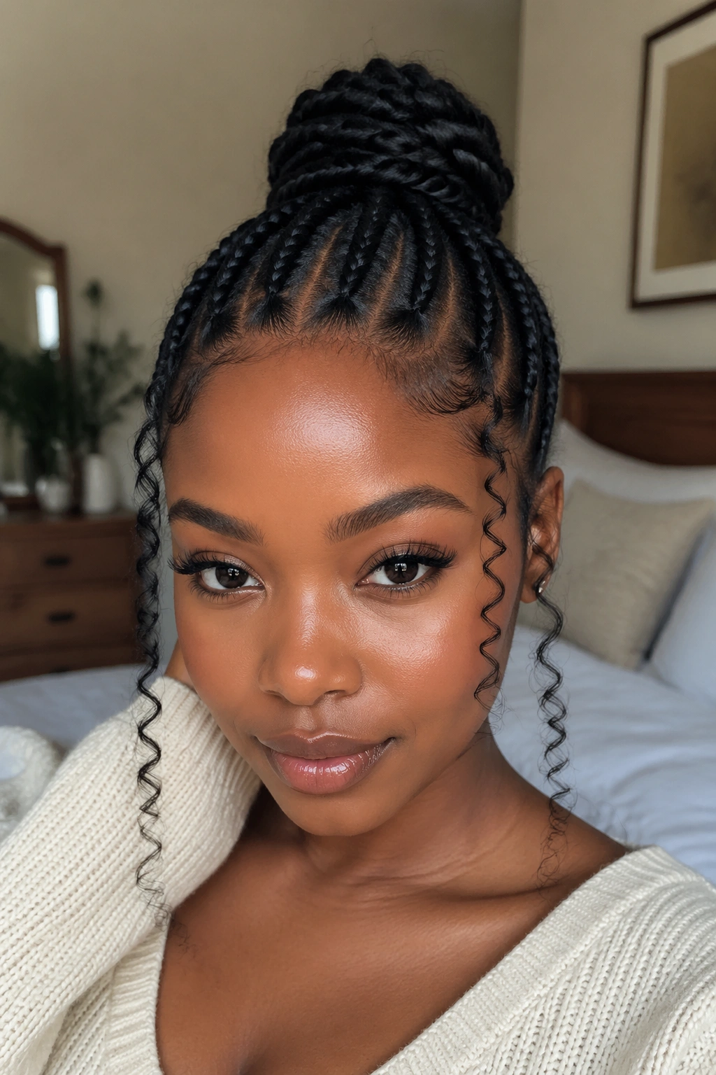 Close-up of a real woman with curly tendrils framing the face from a cornrow bun.