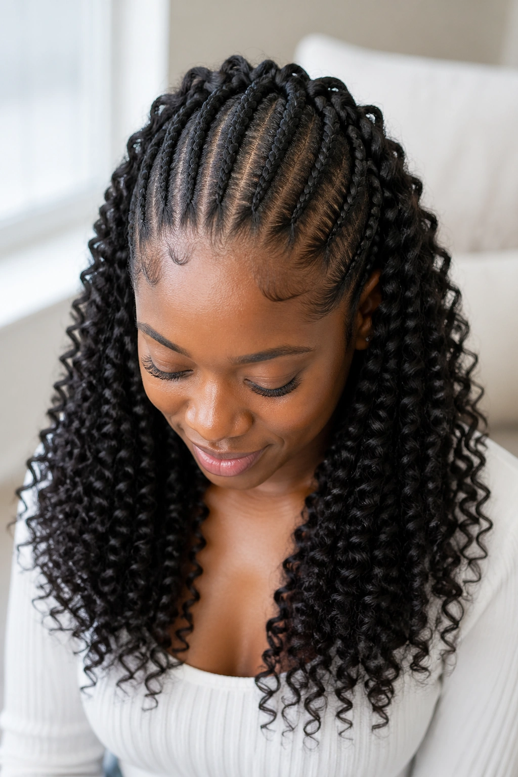 Close-up of cornrows ending with curly crochet pieces