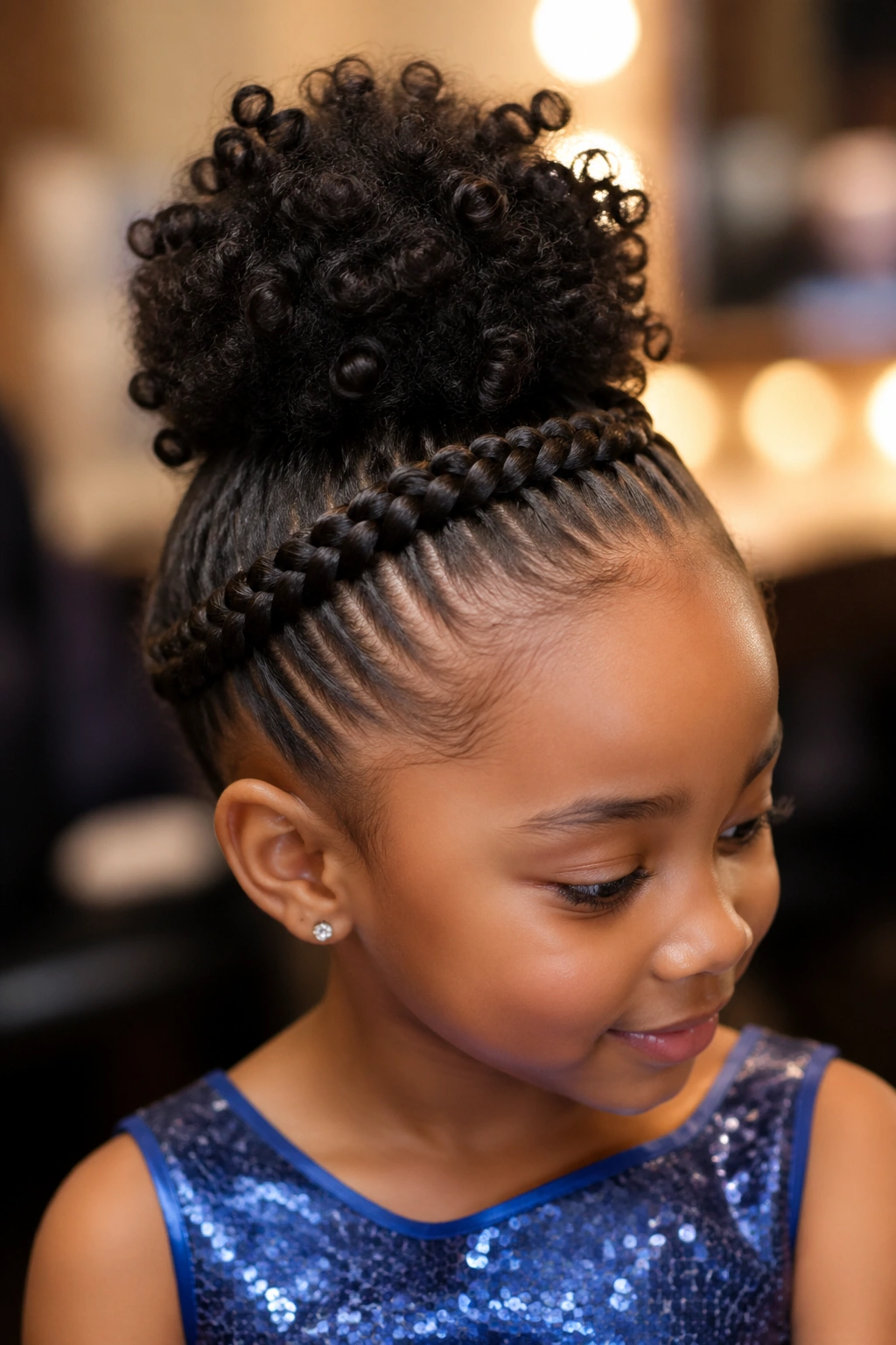 Child with crown cornrow around the head and central puff.