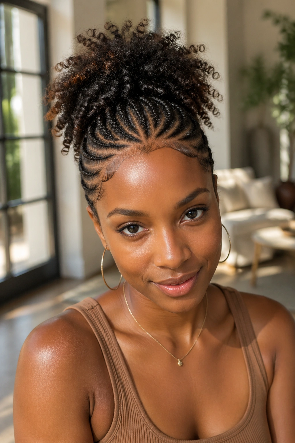 Portrait of cornrow crown with curly tail out on a real person
