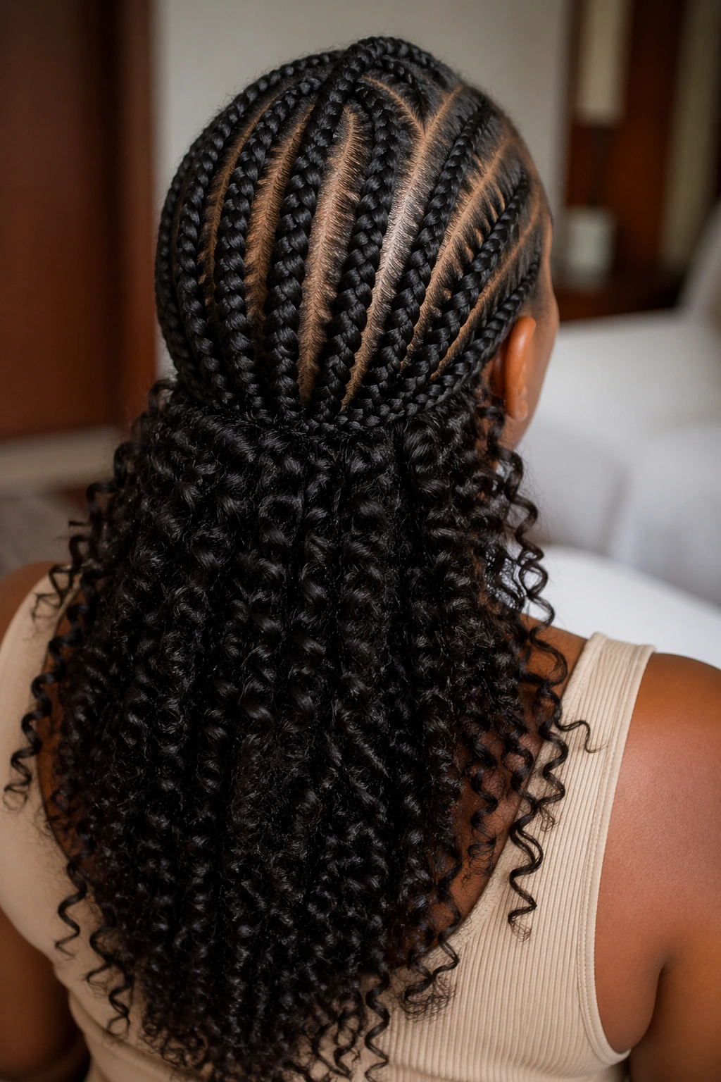 Back view of a real person with cornrow crown and curl cascade