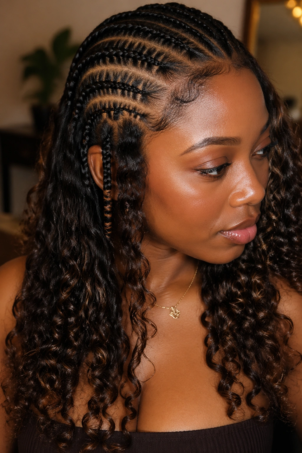 Close-up of the transition from cornrows to curly extensions on a real person