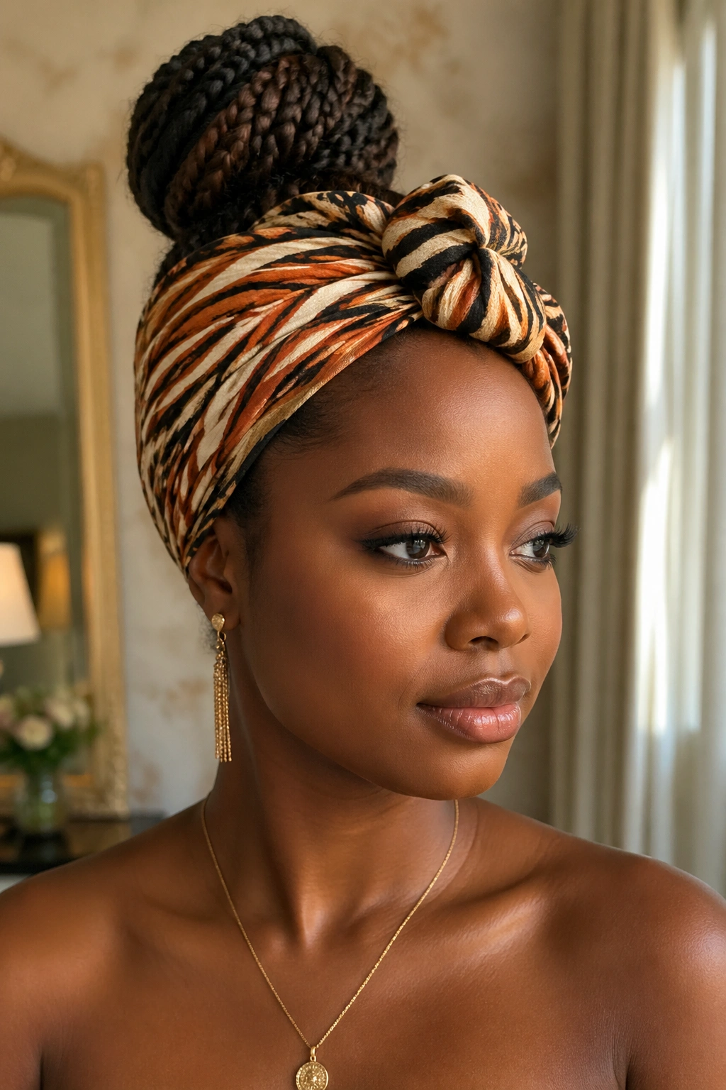 Close-up of a real woman with a cornrow bun and silk headwrap accent.