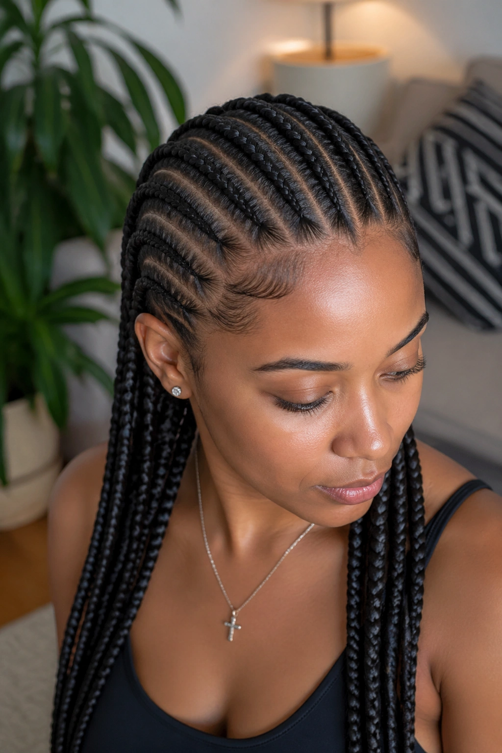 Close-up of a real woman with well-defined twelve cornrows, illustrating correct technique.