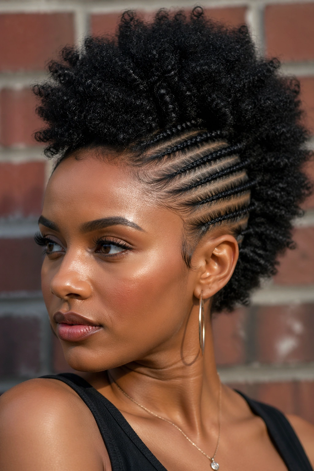 Close-up of a real woman with cornrow mohawk blending into an Afro crown, outdoor lighting