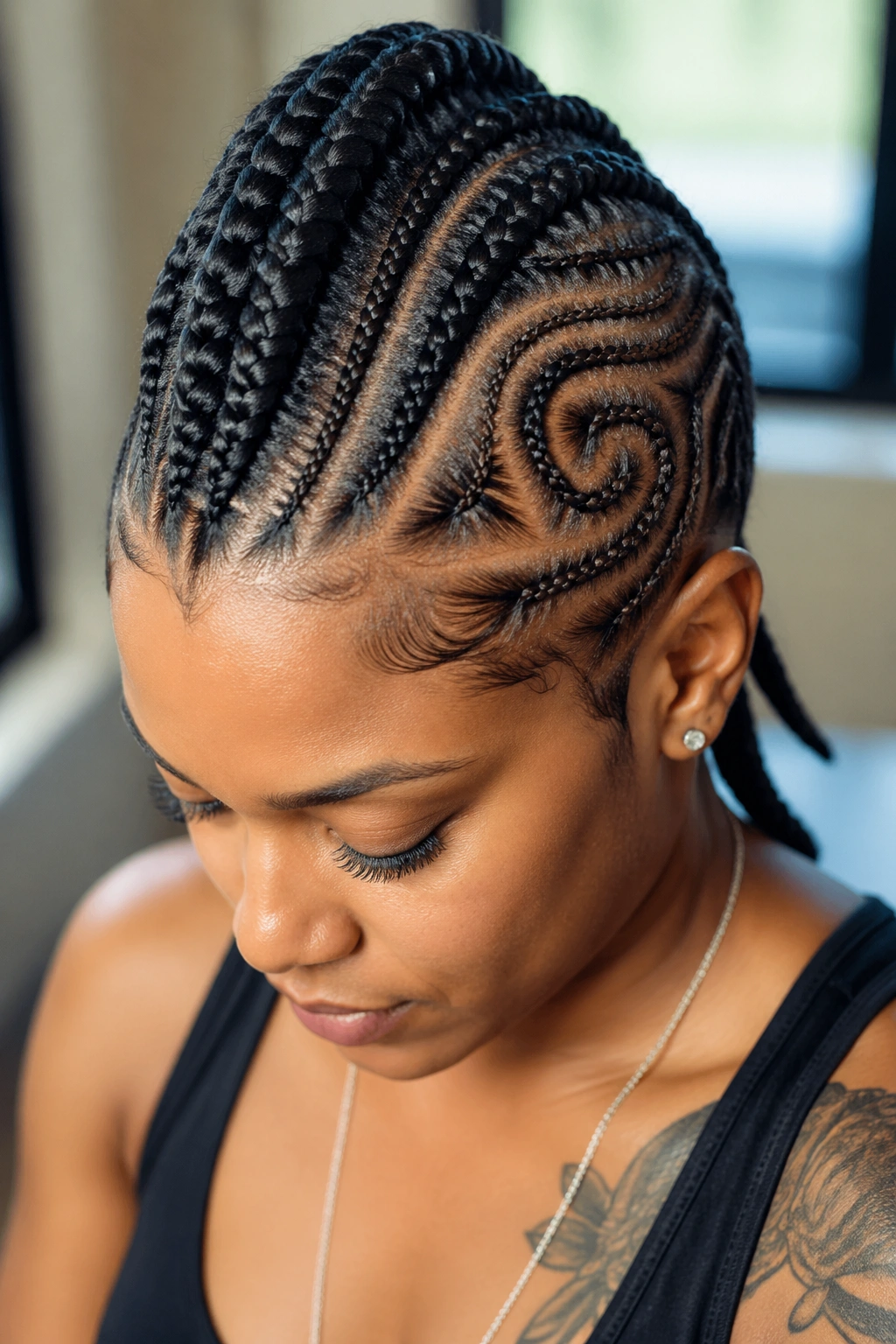 Close-up portrait of a real person with a freehand cornrow mohawk and side design accents