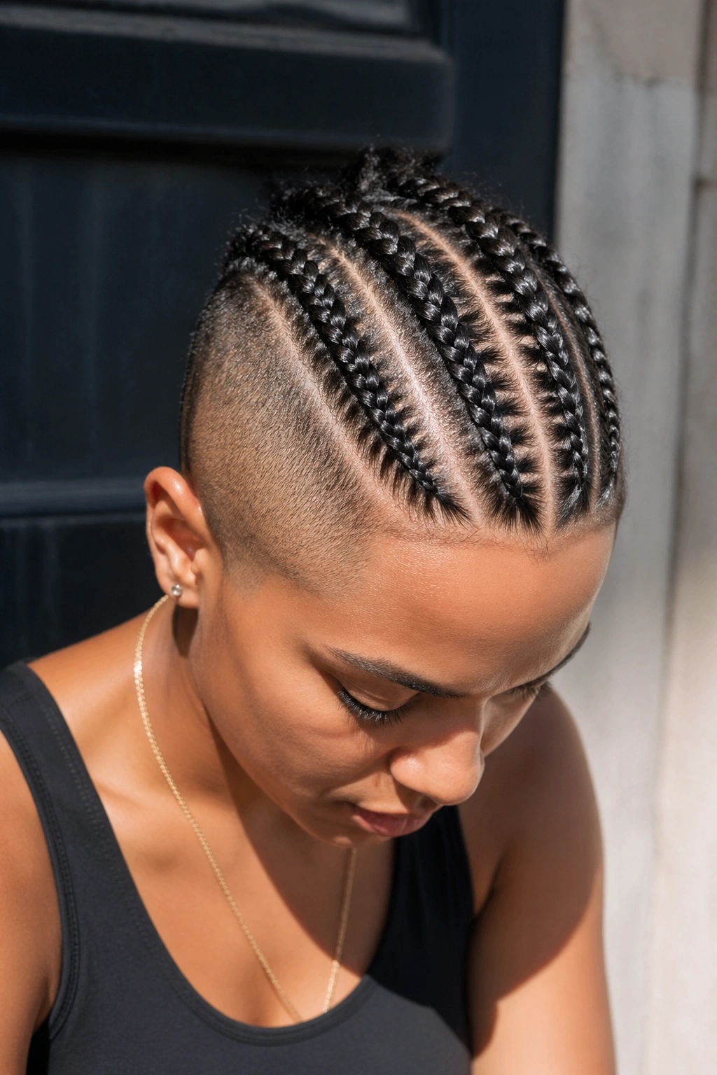 Real person with a cornrow mohawk on short hair and shaved sides
