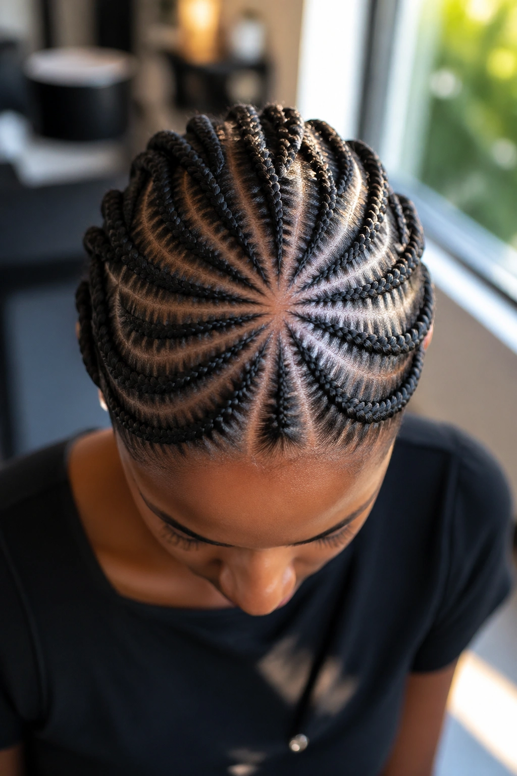 Top-down view of a scalp showing cornrow parting patterns around the crown