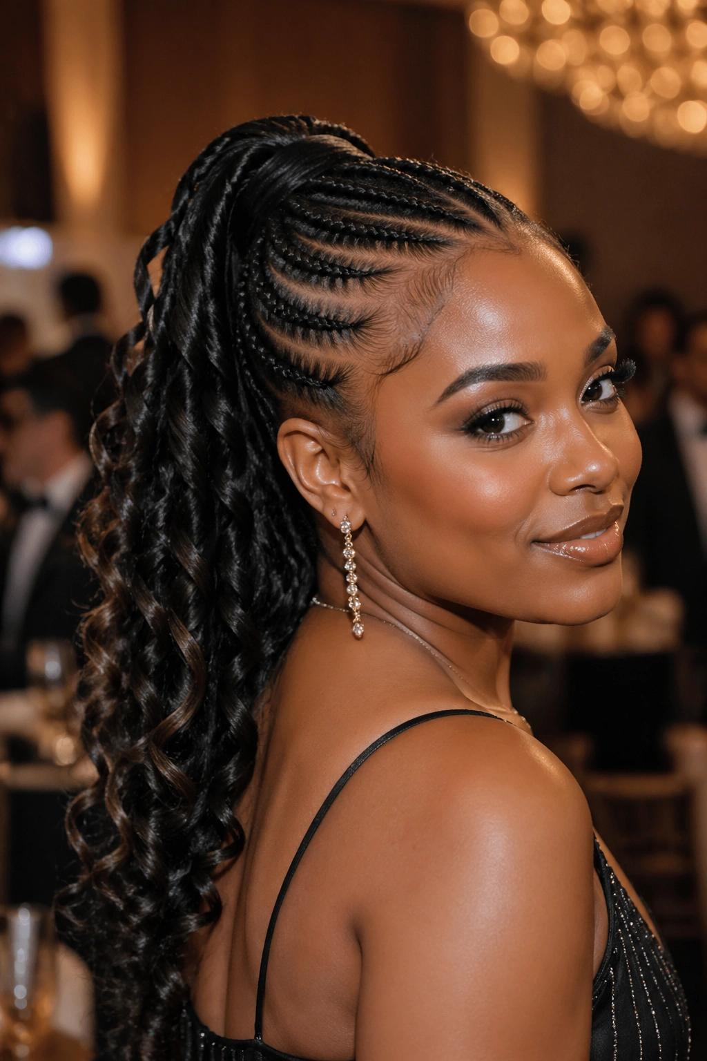 Portrait of a real woman with cornrow ponytail and loose curled ends