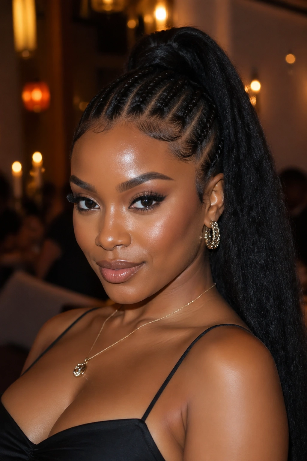 Portrait of a woman with cornrows feeding into a long ponytail