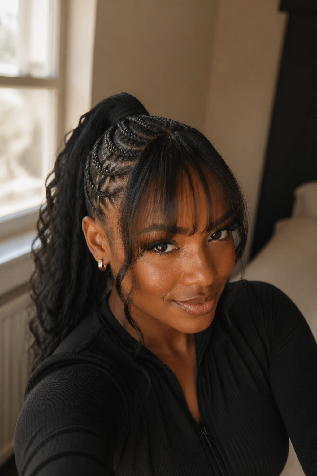Close-up portrait of a real woman with cornrow ponytail and bangs, neat scalp braids and soft front bangs