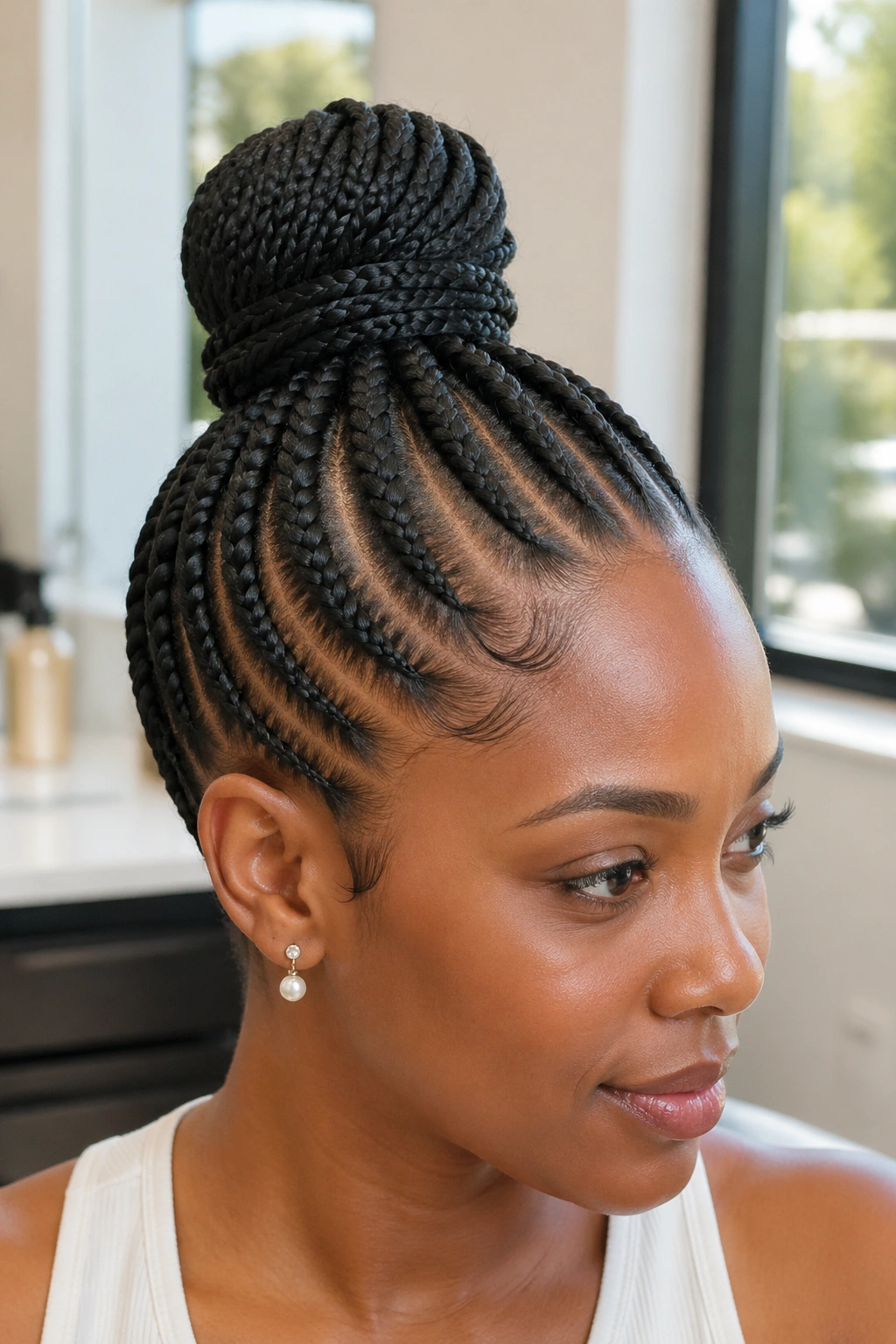 Close-up portrait of a real woman with a high cornrow ponytail and wrapped base concealing the elastic.