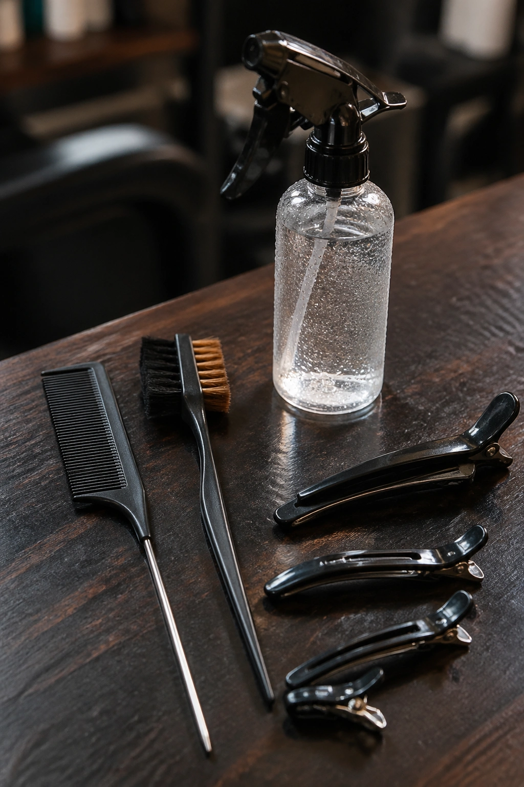 Top-down view of essential cornrow tools arranged on a salon station