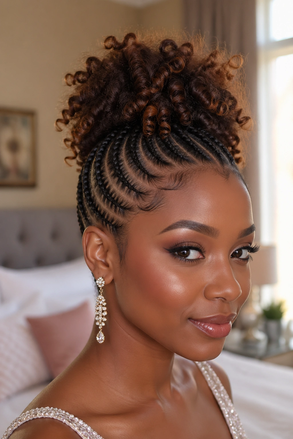 Close-up of a real person with a cornrow updo and gathered curly top.