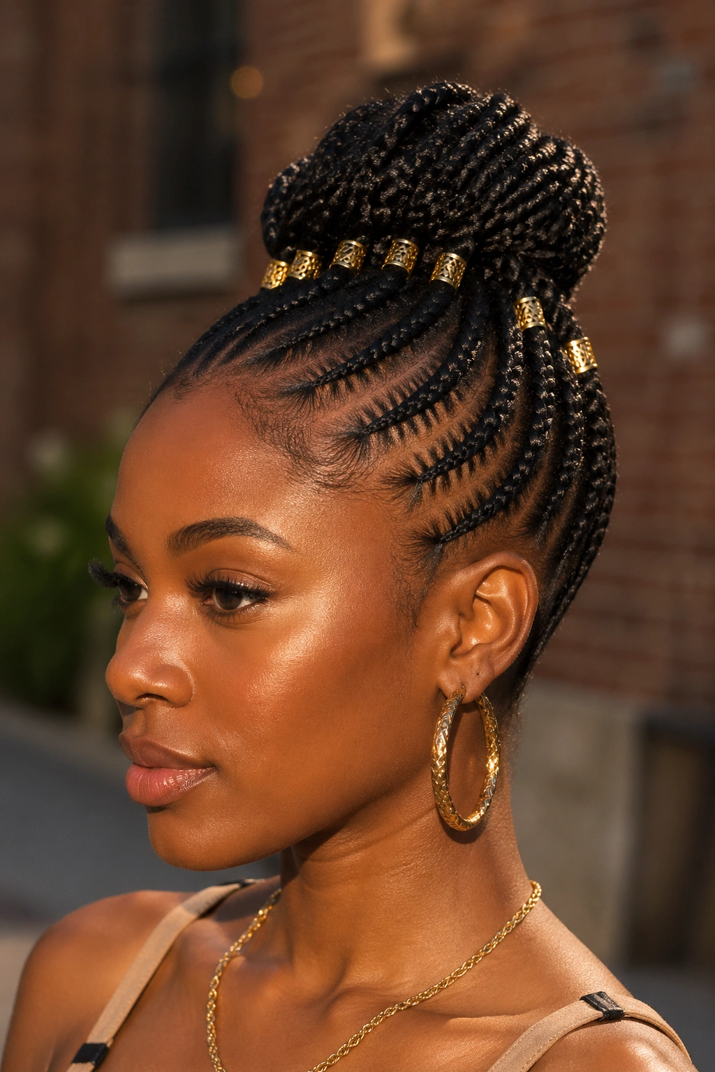 Cornrow updo with gold cuffs on braids