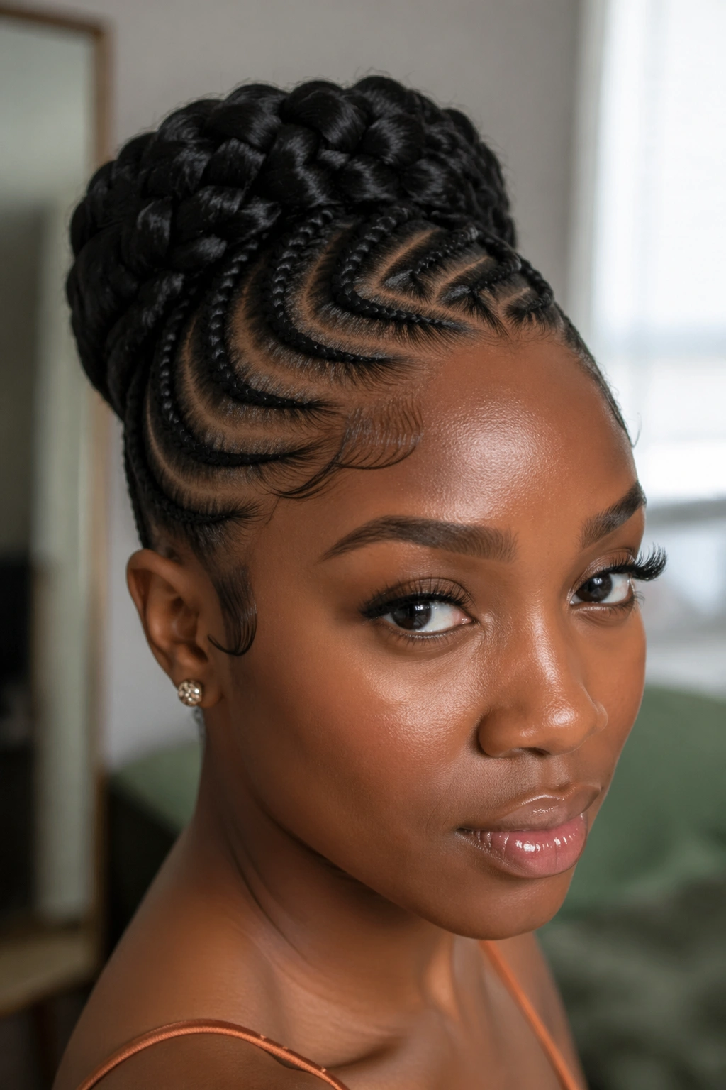 Close-up portrait of a woman with cornrow crown hairstyle