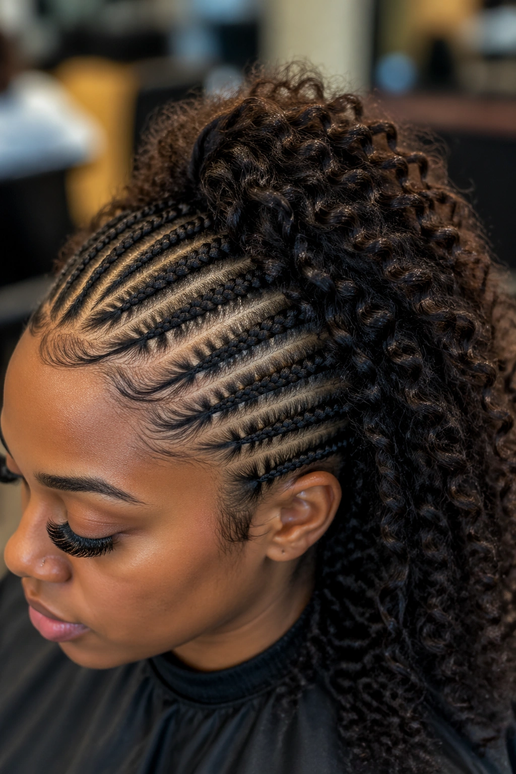 Close-up showing invisible seam between cornrows and weave.