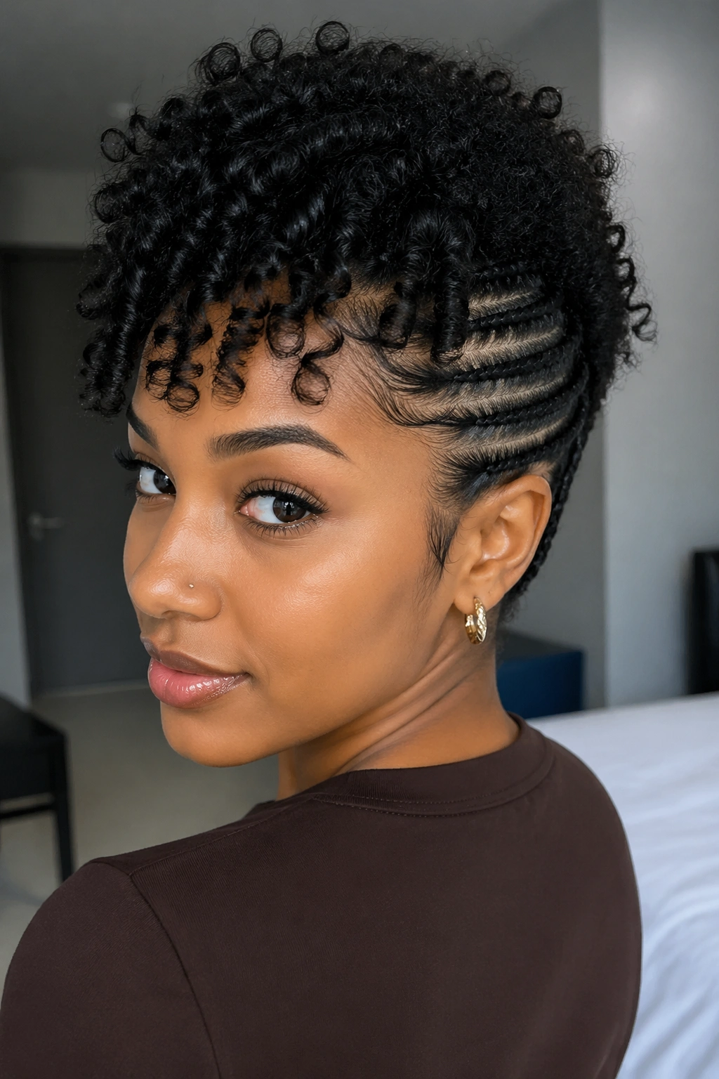 Cornrows along the back with curls on top on a real person.