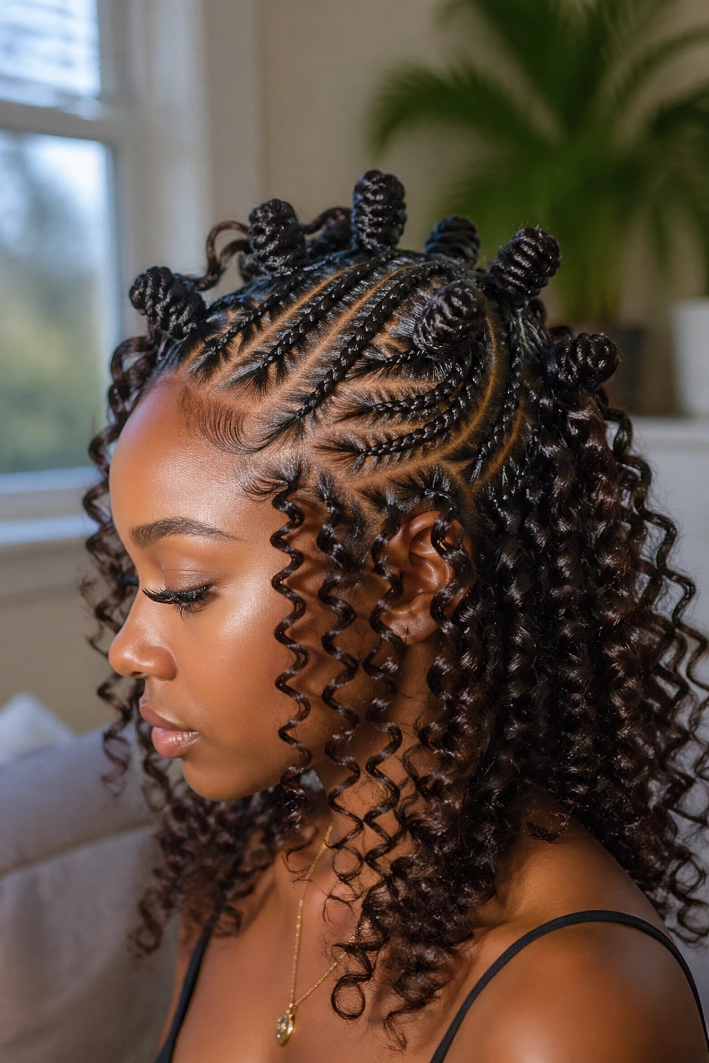 Close-up of a real woman with cornrows forming Bantu knots and curly extensions under warm window light