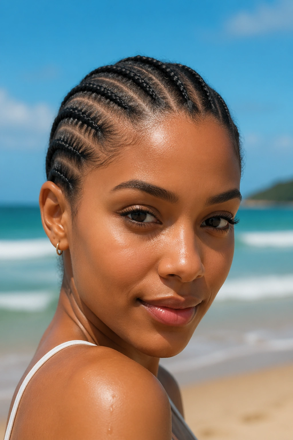 Close-up of a real woman with cornrows by the beach, scalp patterns visible