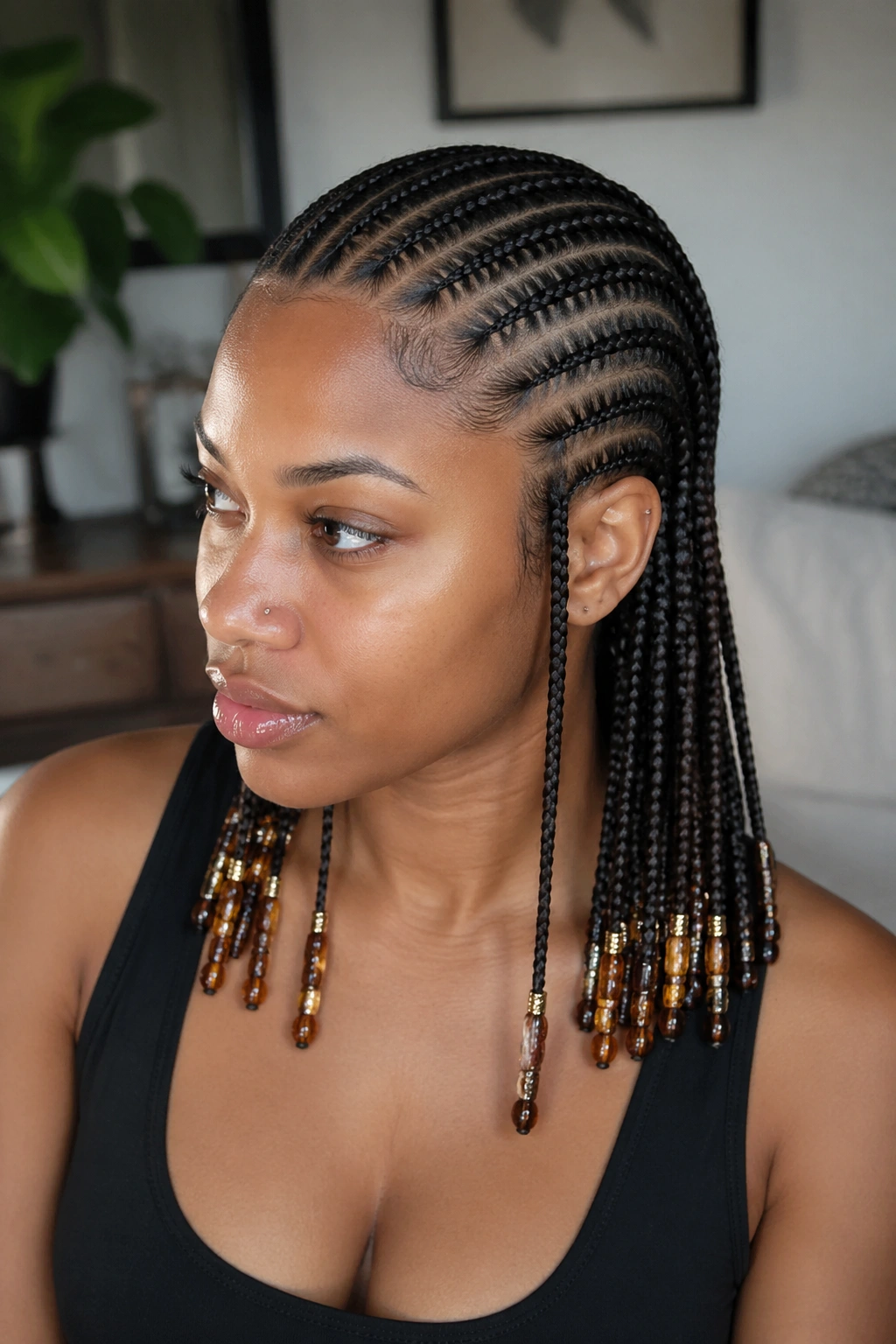 Close-up of straight back cornrows with bead-tipped ends on a real woman's head