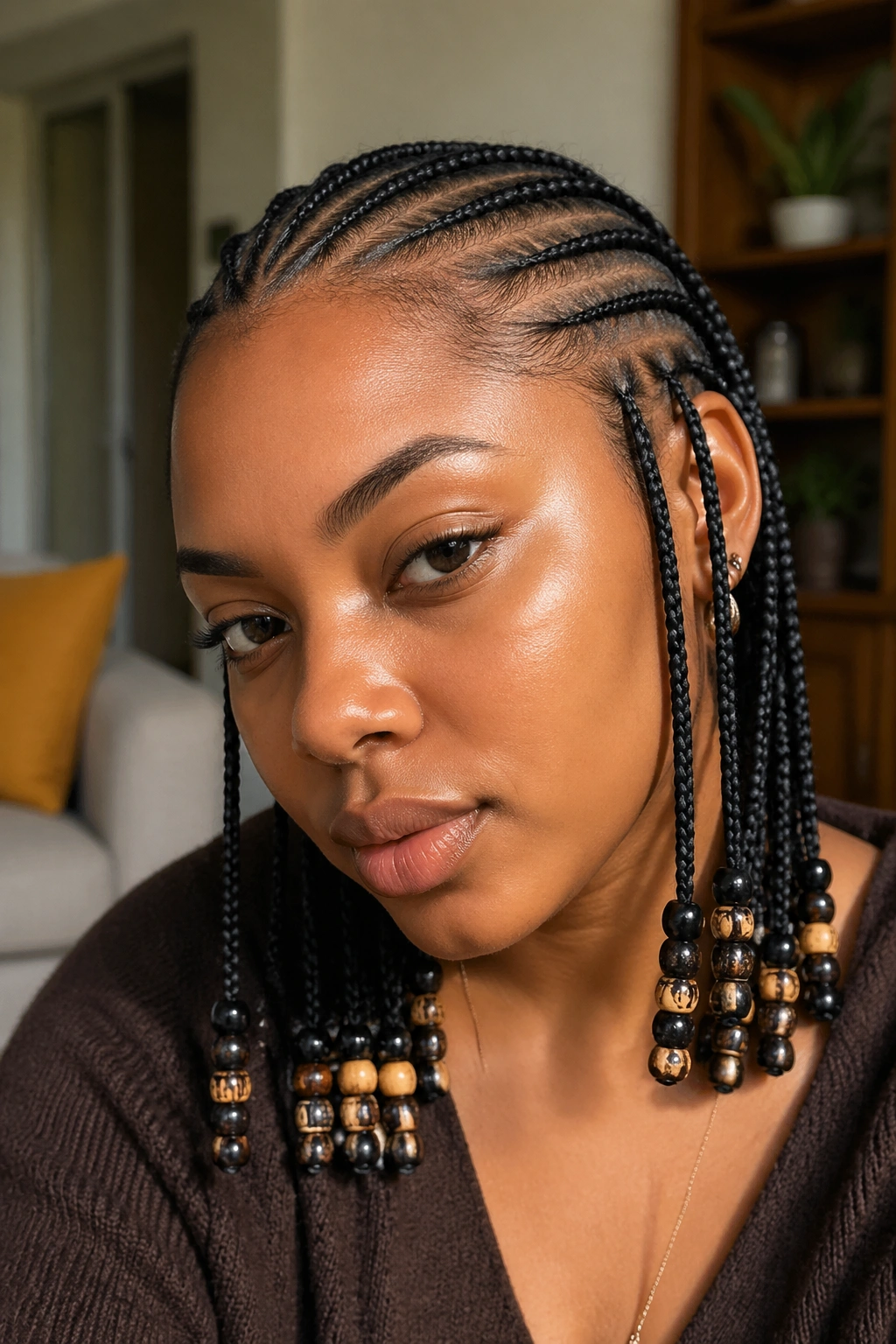 Close-up of cornrows with beaded ends on a real person