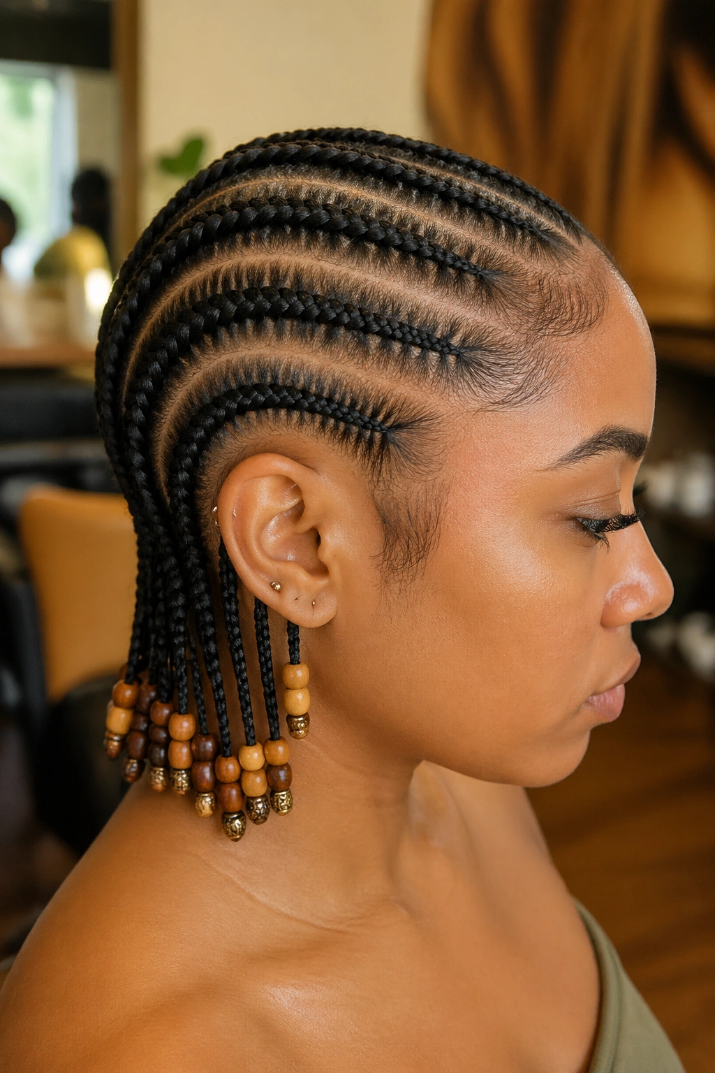 Close-up of cornrows with beaded ends on short hair