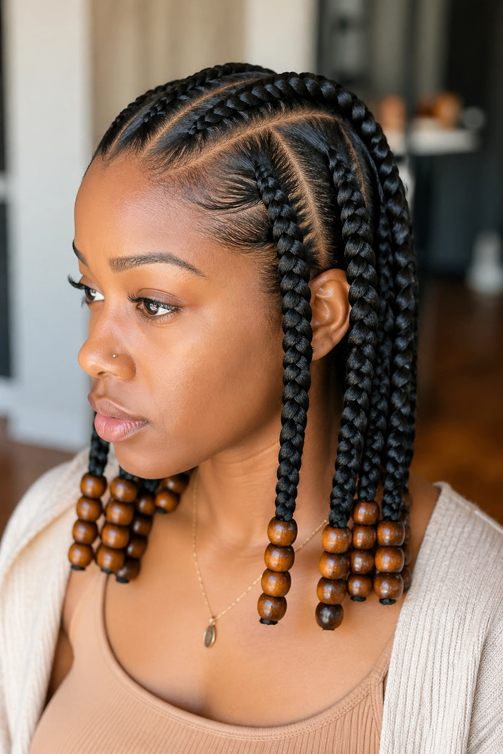 Close-up portrait of a real person with four jumbo cornrows ending in wooden beads at shoulder level.