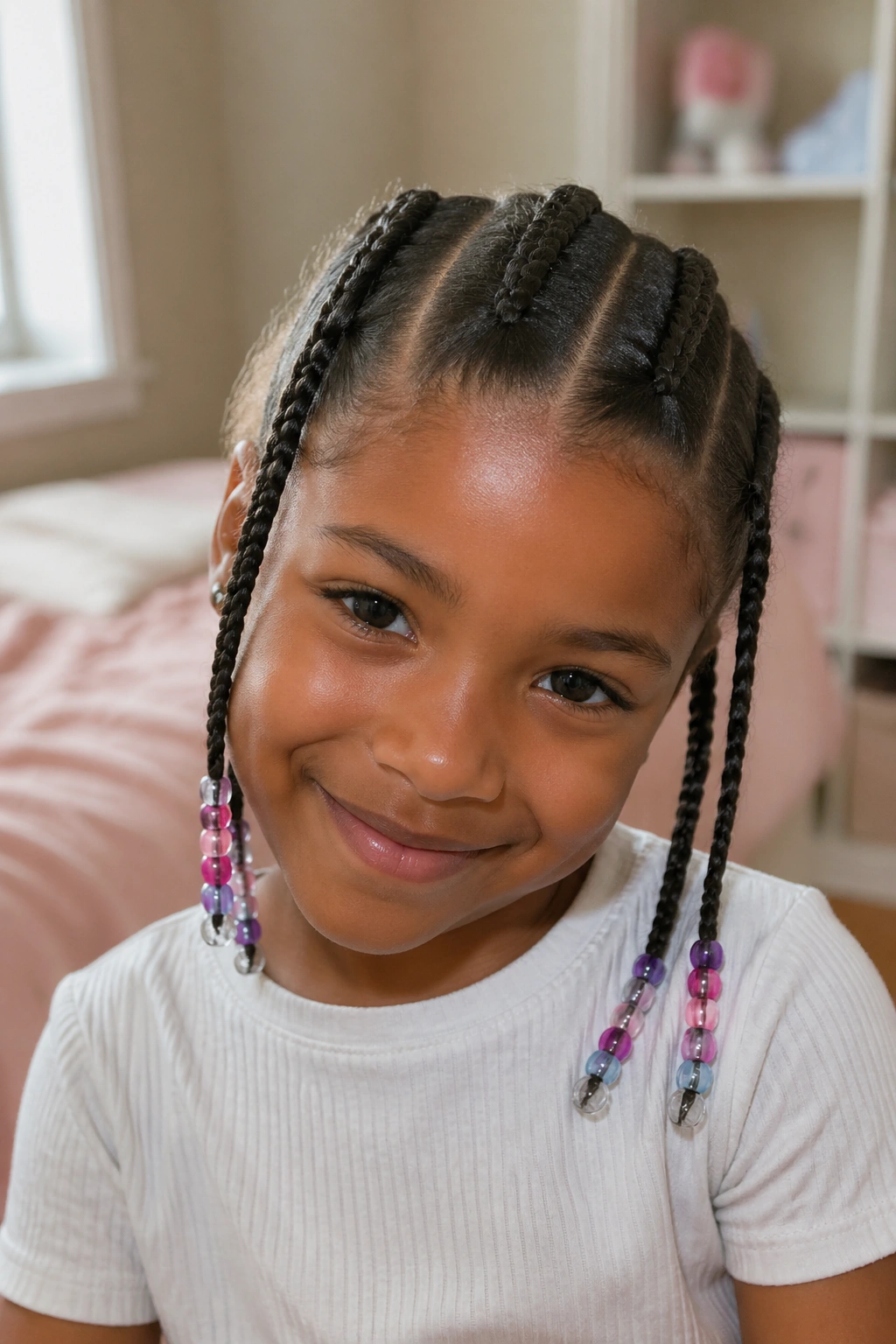 Close-up of a child with four cornrows ending in beads.