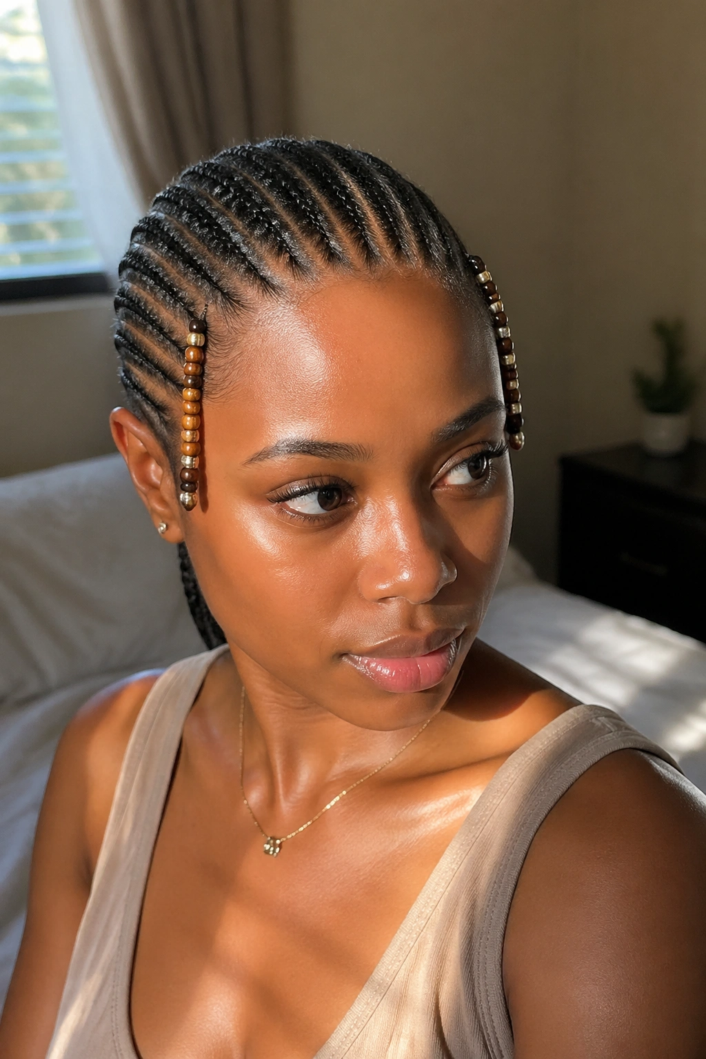 Close-up of a Black woman with beaded edge cornrows framing the all-back pattern
