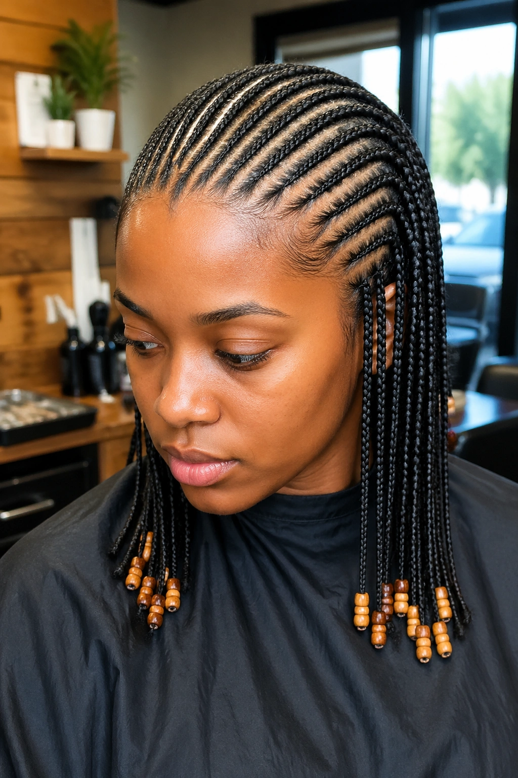 Close-up of twenty cornrows with wooden bead tips in a warm salon