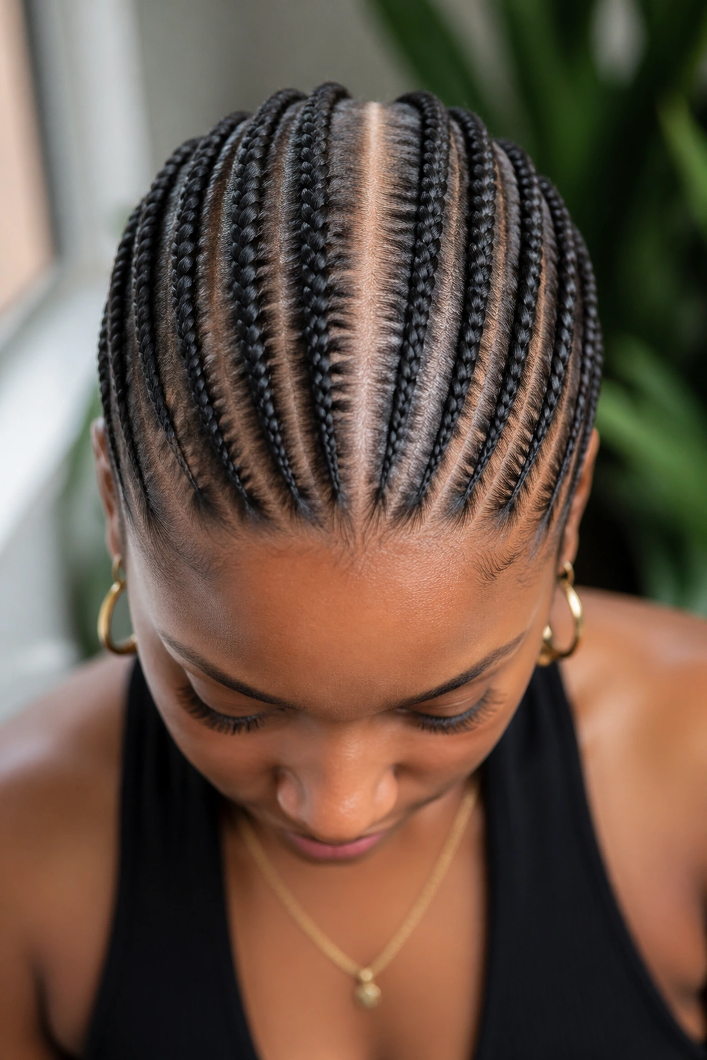 Close-up of a real person with a bold center part in twelve cornrows