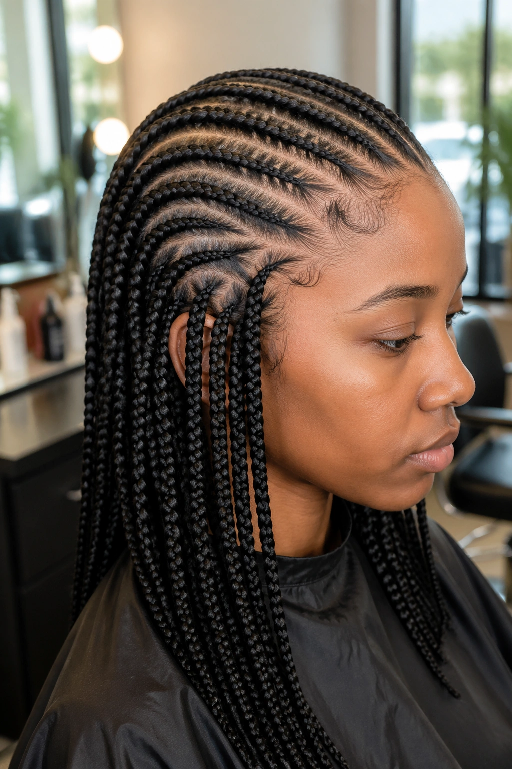 Close-up of head showing transition from cornrows to box braids