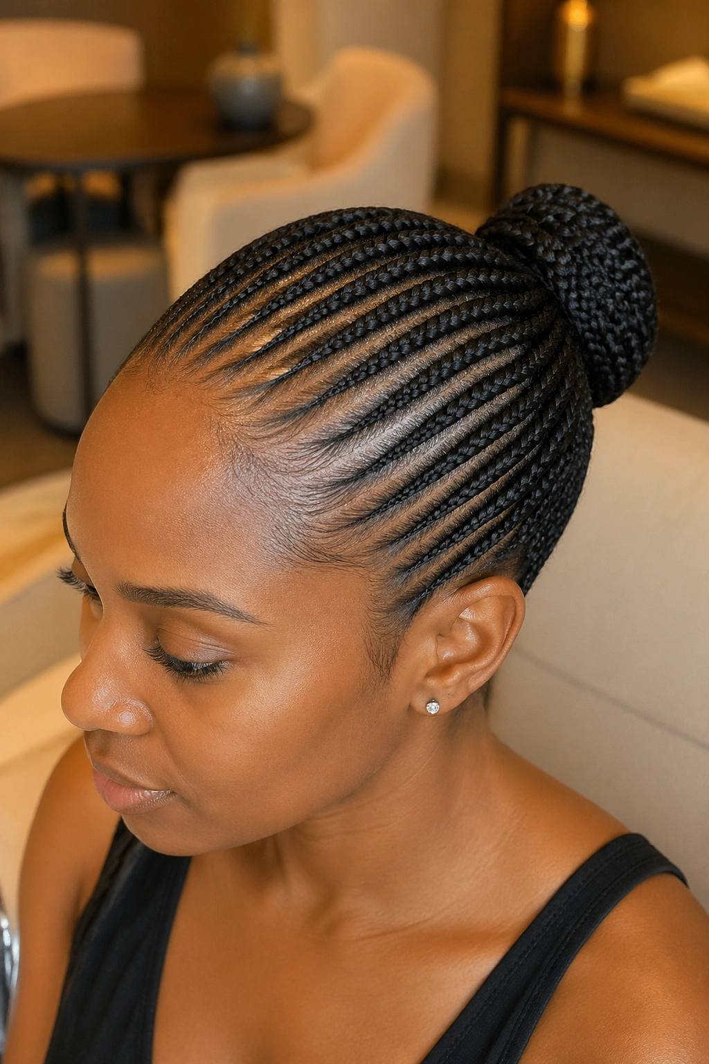 Close-up of a real Black woman's head with cornrows gathered into a bun.
