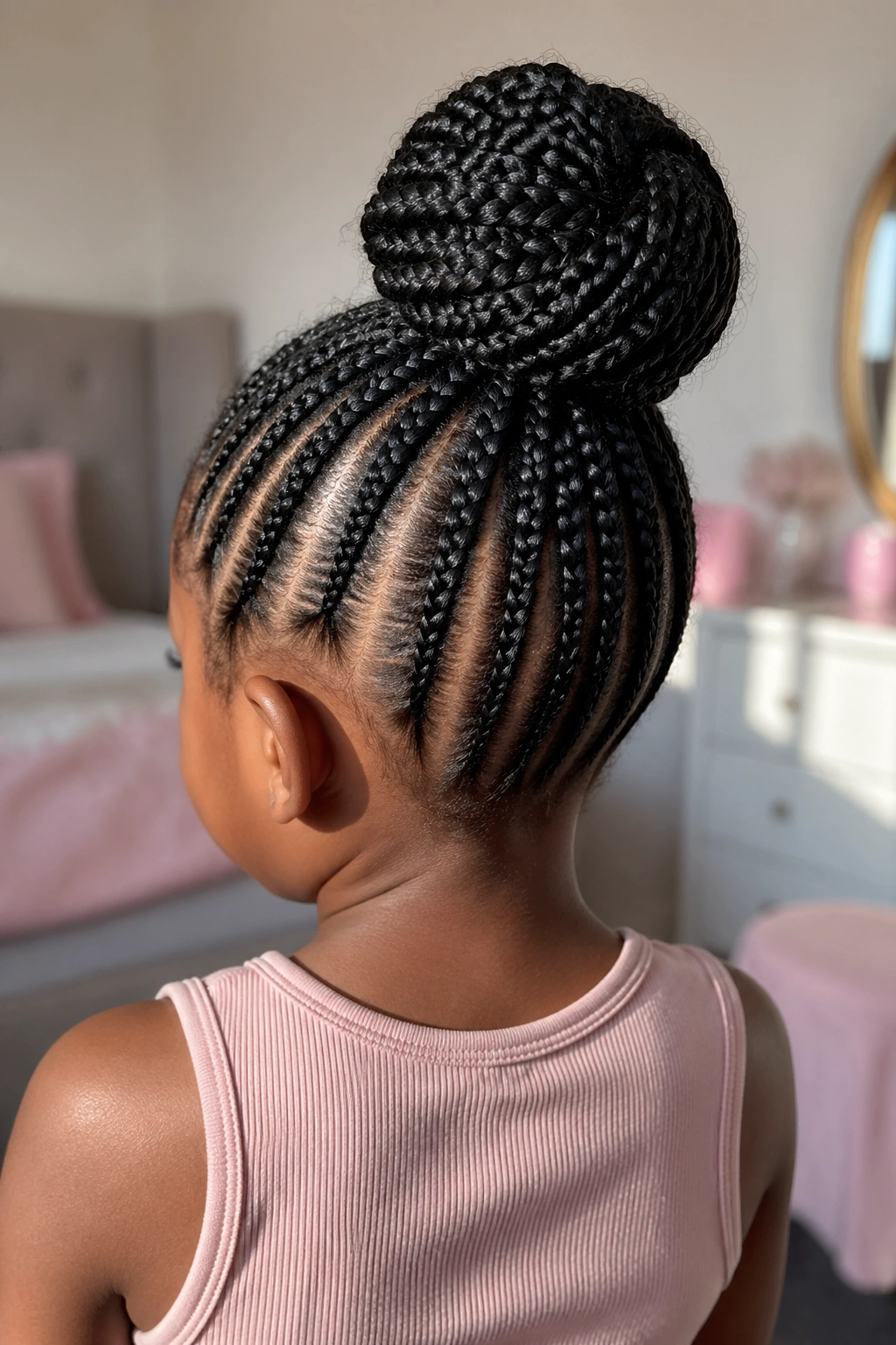 Back view of a child with cornrows ending in a large bun at the crown.
