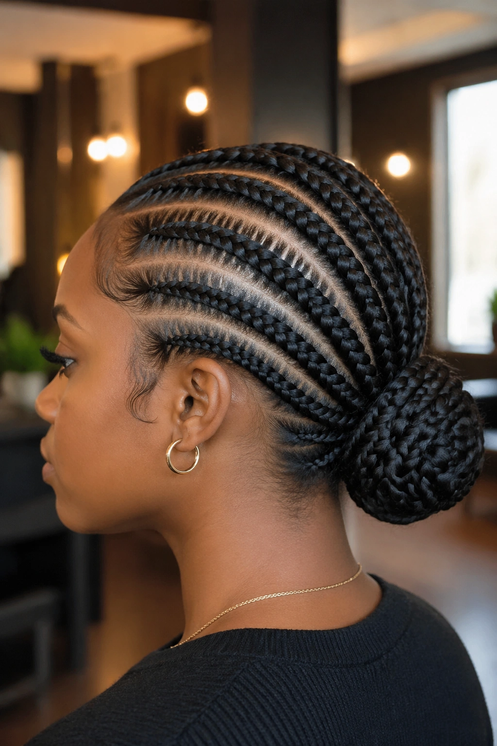 Close-up profile of a real person with ten-cornrow bun at the nape