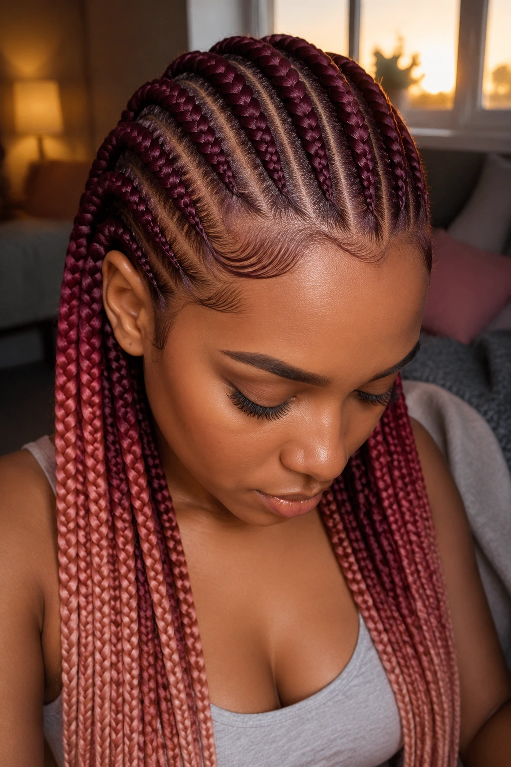 Close-up of burgundy to rose gold cornrows on a real person under soft lighting