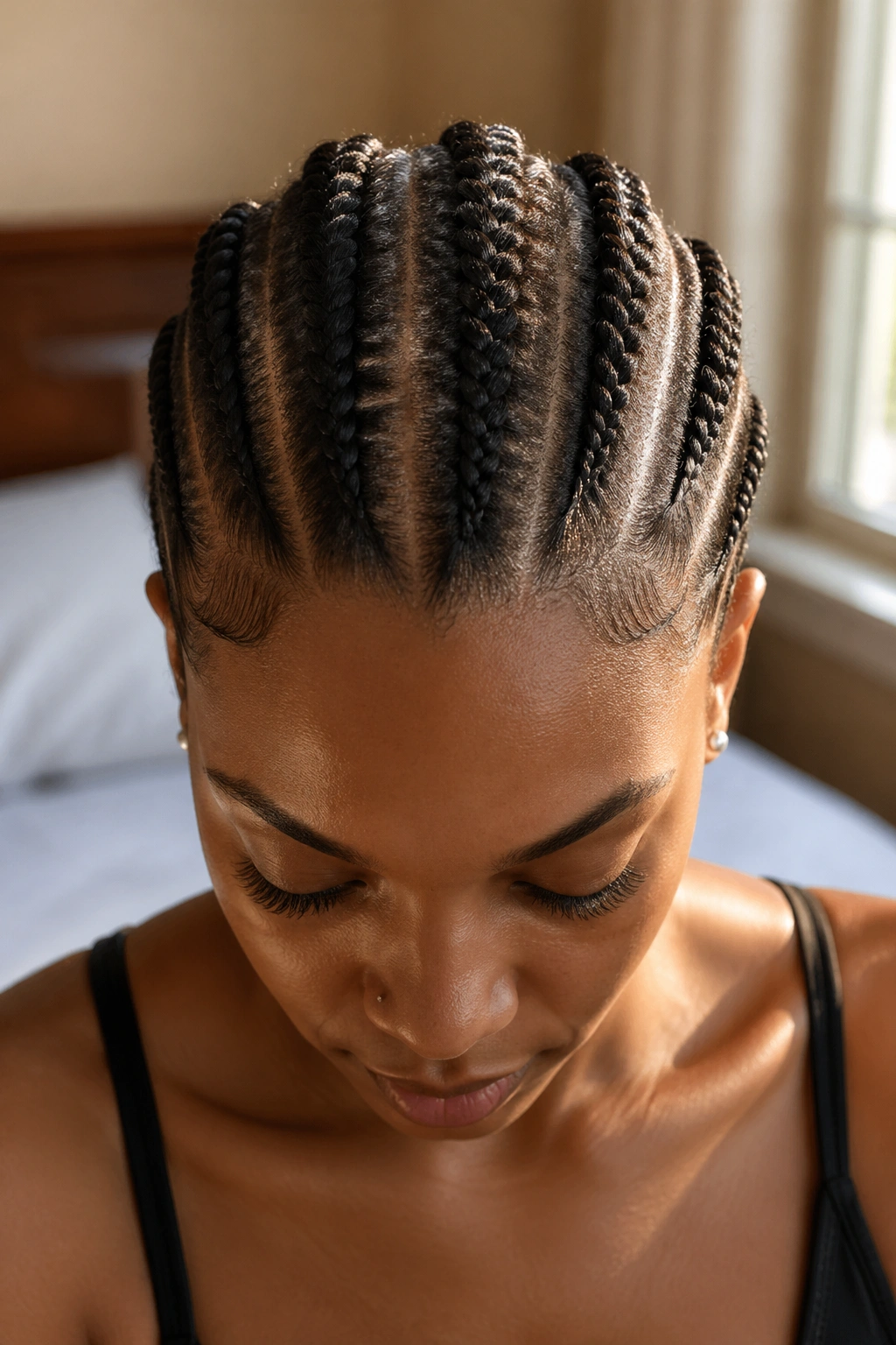 Close-up of five straight-back cornrows on a real person with a centered center braid