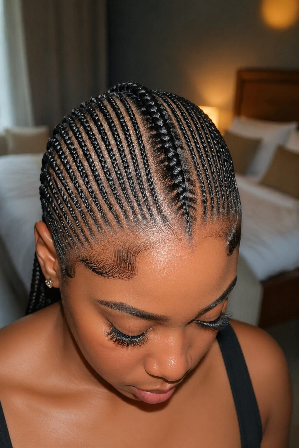 Close-up of a Real Black woman with a thick center spine cornrow and small side cornrows