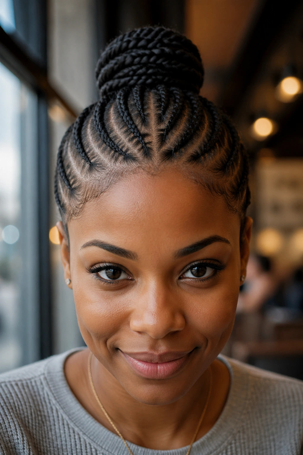 Close-up of cornrows converging into a centered top bun on a real person.
