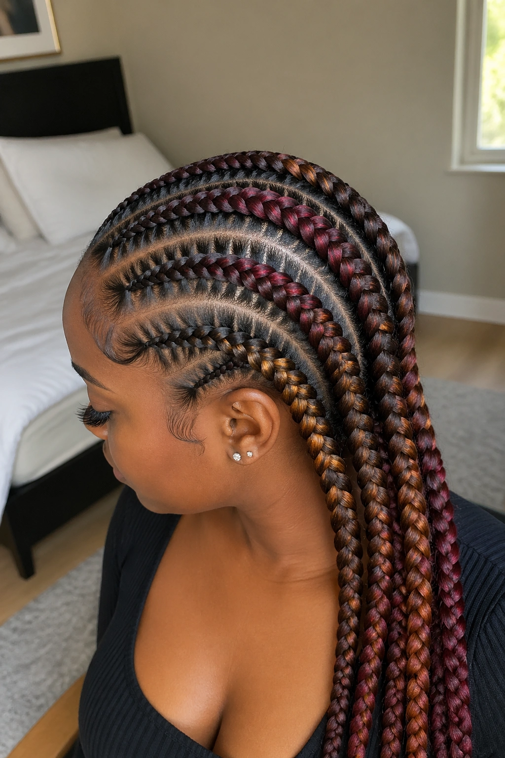 Real person with color-highlighted cornrows