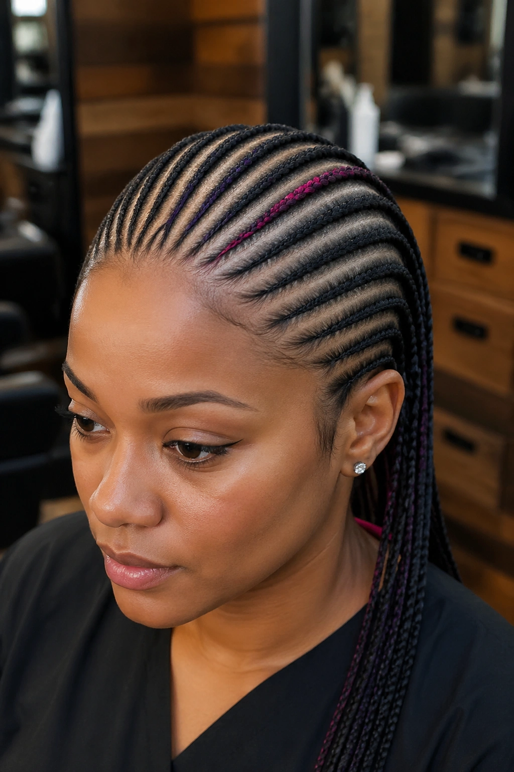 Close-up of twenty small cornrows with colored extensions