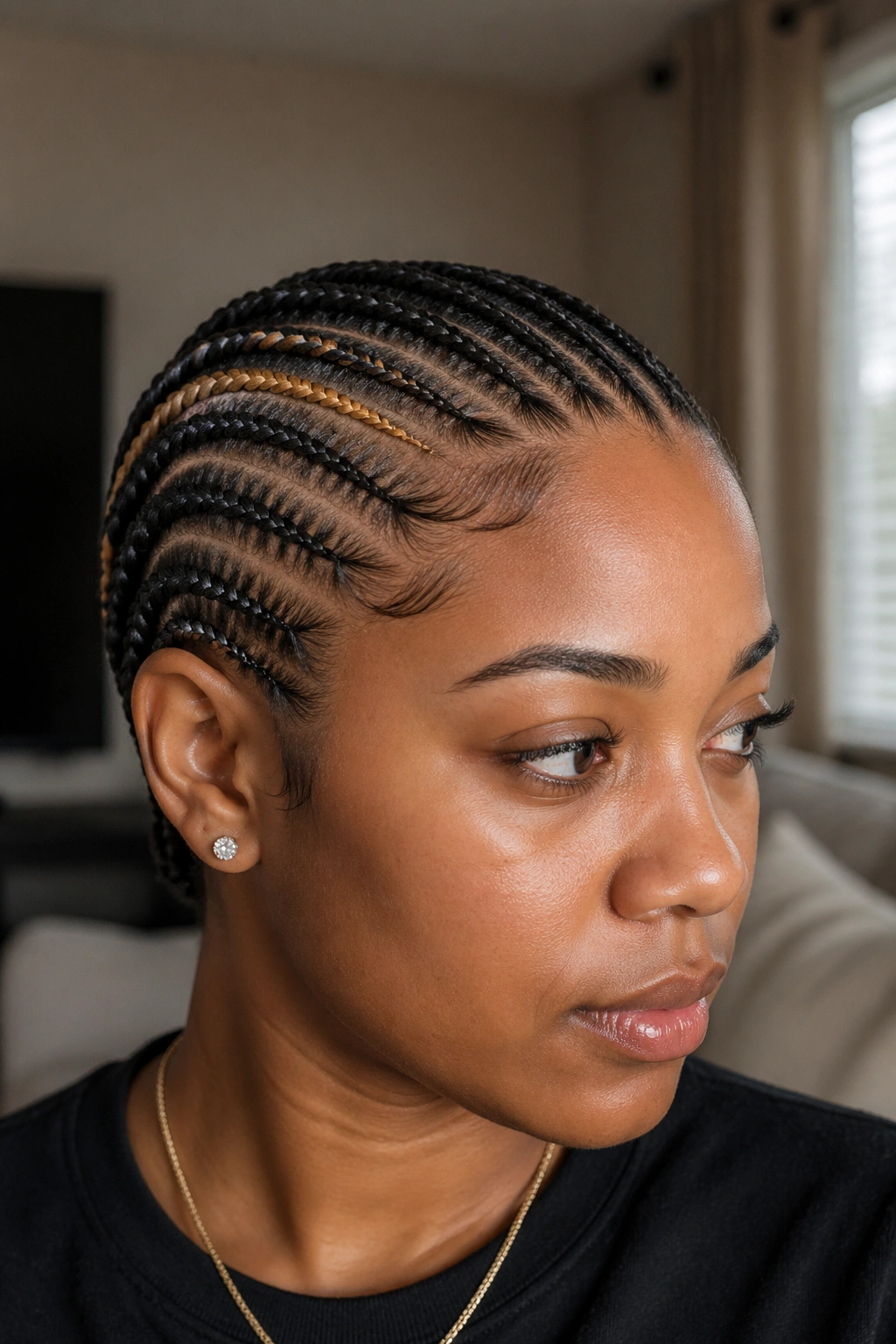 Close-up of small-back cornrows with a color streak on a real person's head.