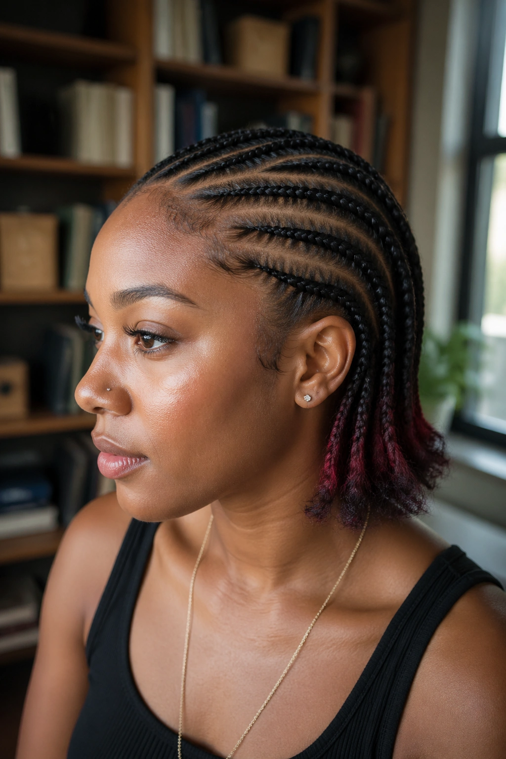 Close-up portrait of a real person with top cornrows and a hidden color underlayer peeking at the nape.